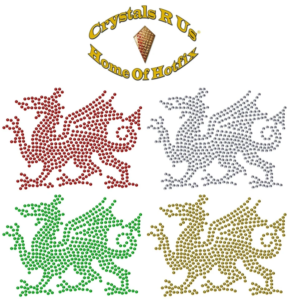 CRYSTALS R US WELSH FLAG DRAGON IRON-ON RHINESTONE DIAMANTE BLING DIY TSHIRT TRANSFER APPLIQUE