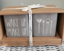 New Rae Dunn WAKE UP MAKE UP Gray Brush Holder Organizer Cups 2 PC Gift Set