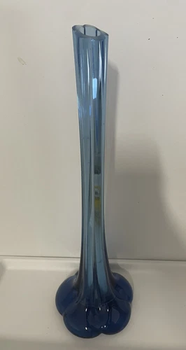 Vintage Murano Glass Tall Stem Bud Vase Blue Elephant Foot Hand Blown 33cm