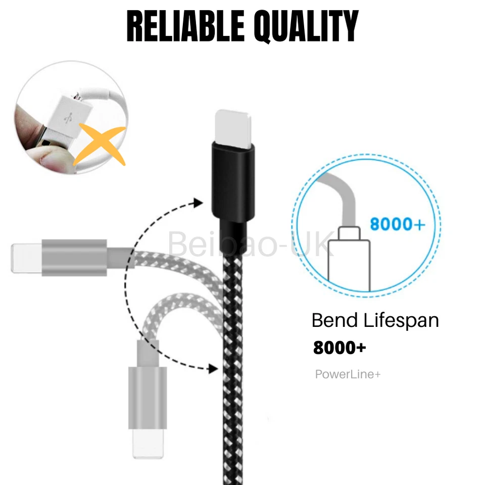 3PACK USB Data Cable Heavy Duty Fast Charger For Apple iPhone 13 12 11 SE XR 8 7 - Image 2 of 4