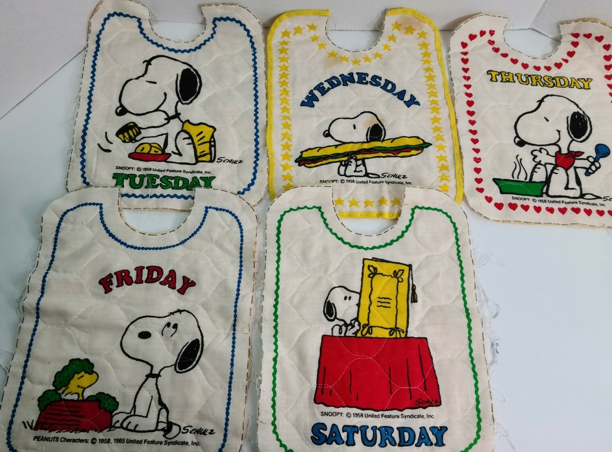 Vintage 1958 SNOOPY Peanuts Gang BABY BIBS Set of 5 - Days of the