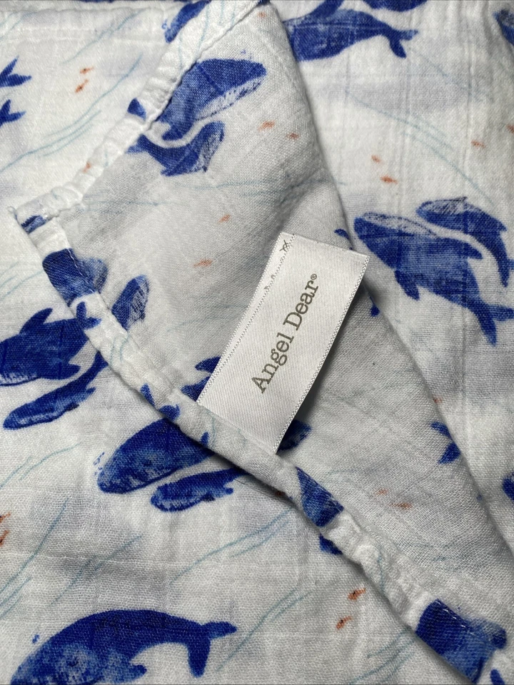Angel Dear Baby Manta Azul Ballena Pez Blanco Mezcla Algodón Lovey 47"x47" Foto 3 de 4