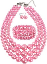Women 3 Layer Simulated Pearl Statement Necklace Bracelet Earrings Jewelry Set