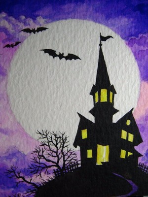 Watercolor Painting Halloween Haunted House Bat Big Moon Night Autumn ACEO  Art  eBay