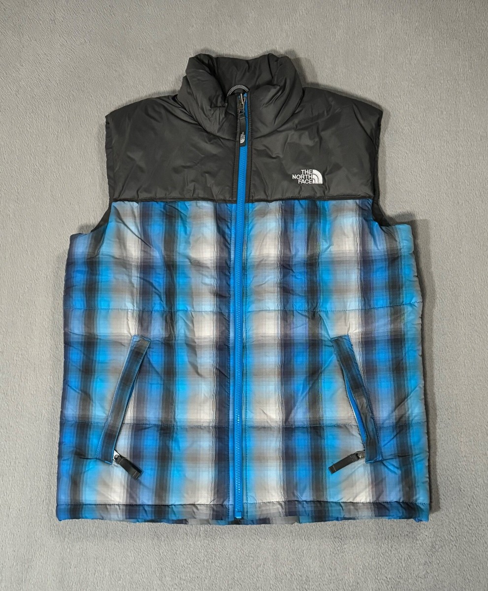 The North Face Puffer Down Vest Blue Plaid Full Zip Pockets
