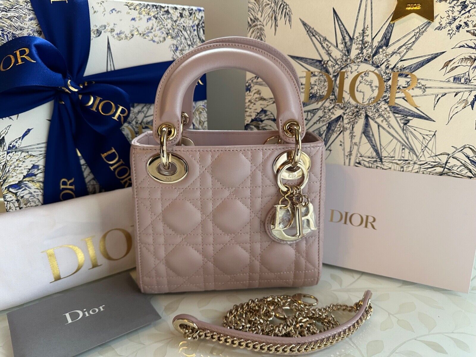 NEW LADY DIOR Lotus Pale Lilac Pink Pearlescent Cannage Lambskin Mini Bag  Gold