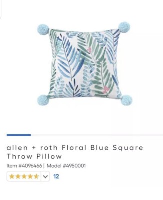 Allen+Roth Graphic Print Floral Blue Square Throw Pillow Palm Leaves Pom Poms