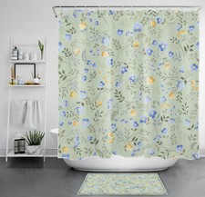 Green Plant Blue and Yellow Wildflower Shower Curtain Set for Bathroom Decor