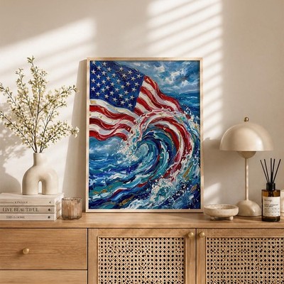 Patriotic Ocean Wave Print, American Flag Wall Art, USA Coastal, 4th of July