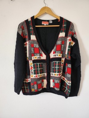 Vintage Blumen Patchwork Strickjacke Gr. Medium Cottagecore Wollmischung Retro 