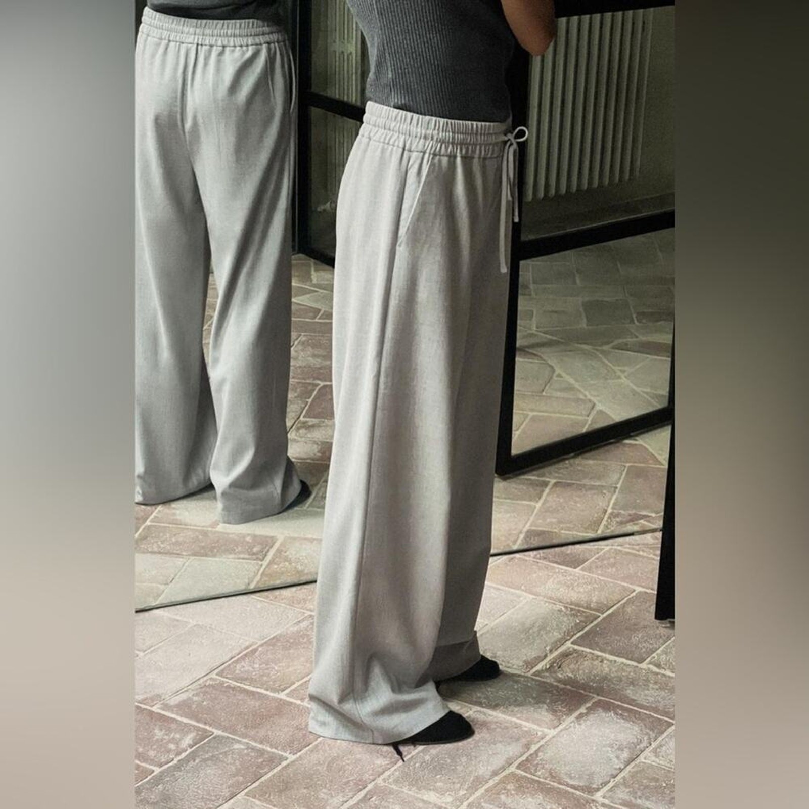 Zara Light Grey Wide Leg Trousers with Elastic Waist, Size L image 4