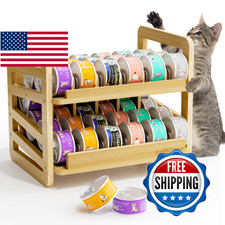 Rolling Bamboo Cat Food Can Organizer, 2-Layer Wet Cat Food Storage Container Ho