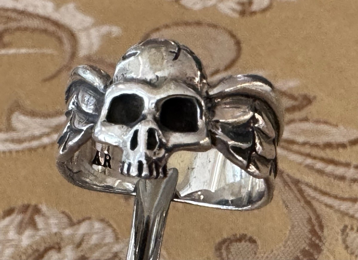 Biker Goth Harley Signed AR Sterling Silver Cracked Skull & Wings Size 9 Ring View 5