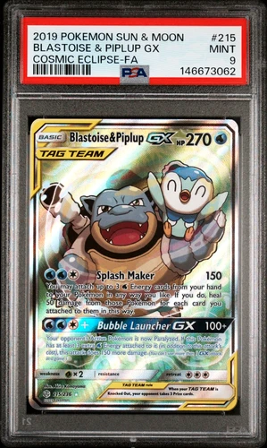 Pokemon Card PSA 9 Blastoise & Piplup GX 215/236 Cosmic Eclipse