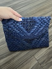 Blue Woven Clutch Bag Snap Closure Fabric Lining Inner Pockets Medium Women