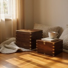 Set of 2 Rustic Wooden Trunk Chests with Lids Vintage Storage Boxes for Blankets