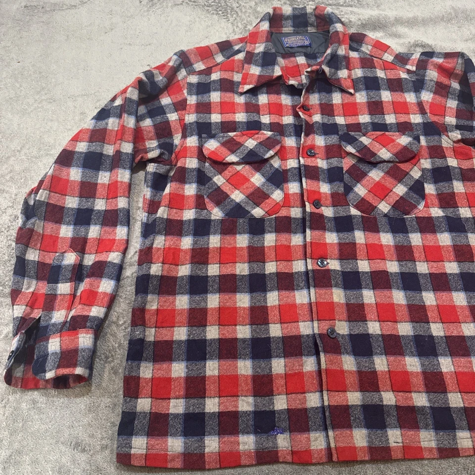 Camisa De Colección Años 60 Pendleton Lana Tablero Franela Lazo Botón ROJO AZUL Cuadros GRANDE L Foto 3 de 4