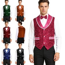 Men's Glittery Sequined Waistcoat Velvet Bow Tie Lapel Pointed Hem Vest for Club
