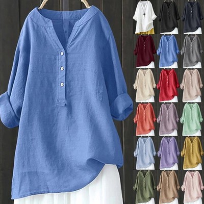 Übergröße Damen Langarm Longshirt Hemd Bluse Oberteile Baggy Tunika Knopf V-Neck