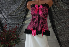 VTG SILKY SATIN LACY FRILLY HOT PINK BLACK CORSET BUSTIER Y2K COUETTE SISSY GLAM