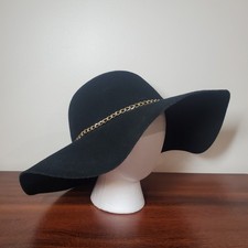 SCALA Pronto 100 Wool Big Brim Hat Black w/ gold tone chain link trim OSFM 57cm
