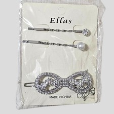 Ellas Rhinestone Bow Hair Clip  Bobby Pin Set Silver Tone Crystal Pearl Bridal