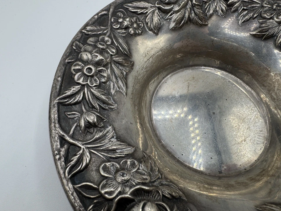 PLATA ESTERLINA FLORAL REPUJADO 6" CUENCO VINTAGE ANTIGUO KIRK & SON 13F SIN MONO Foto 4 de 4