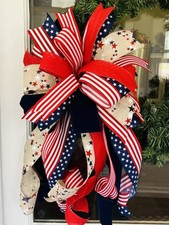 XL Handmade Red White Blue Patriotic 4th Memorial Day Wreath Lantern Bow Decor