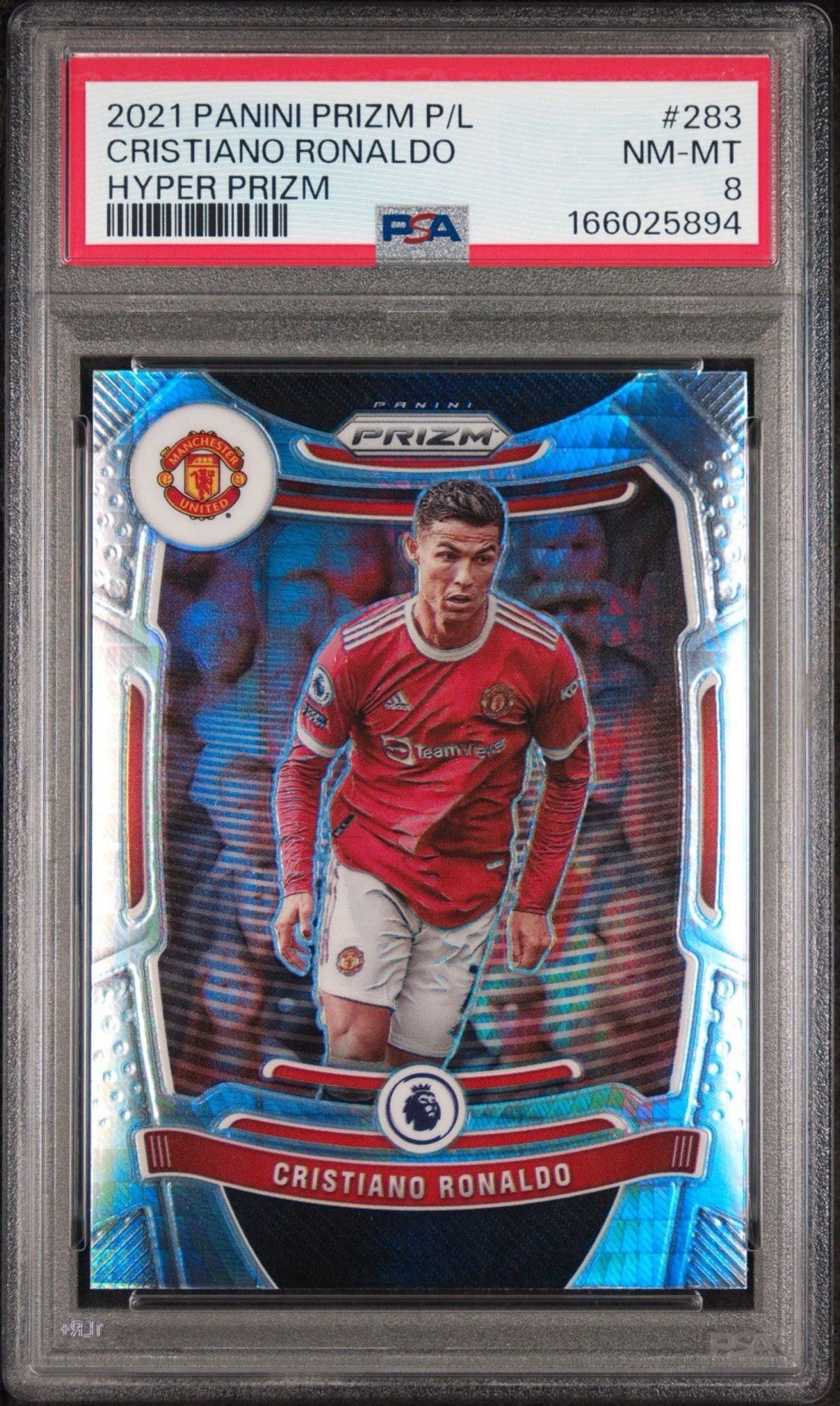 2021 Panini Prizm Premier League Cristiano Ronaldo Prizm Hyper #283 Man U PSA 8