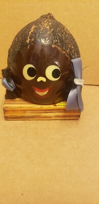 ''Bongo'' VINTAGE OLD HAND  PAINTED COCONUT HEADS FACE FOLK ART TIKI BAR coin bank