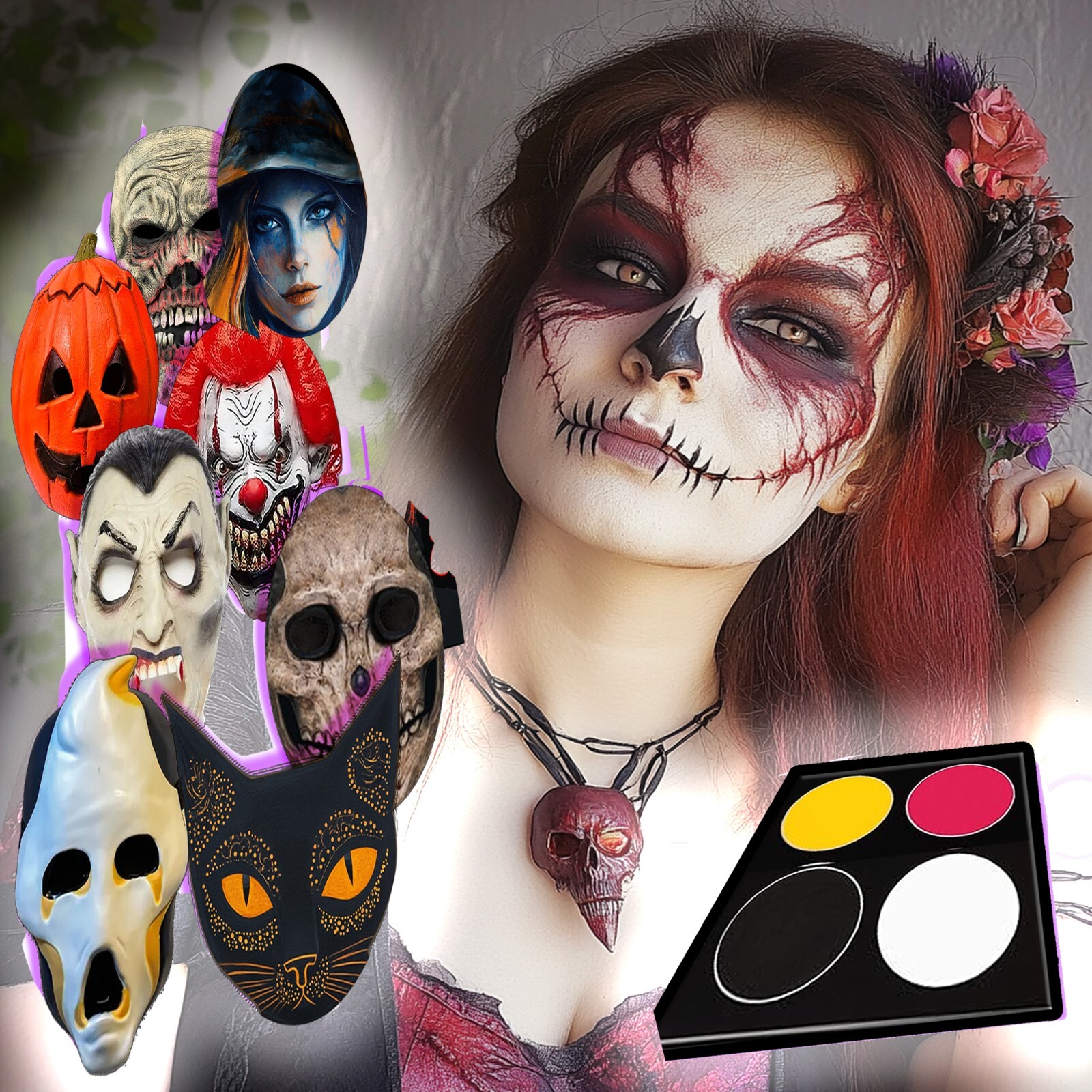 Paquete de Máscara de Halloween + Ideas de Maquillaje de Pintura Facial Valor Divertido para Niñas, Niños Adultos