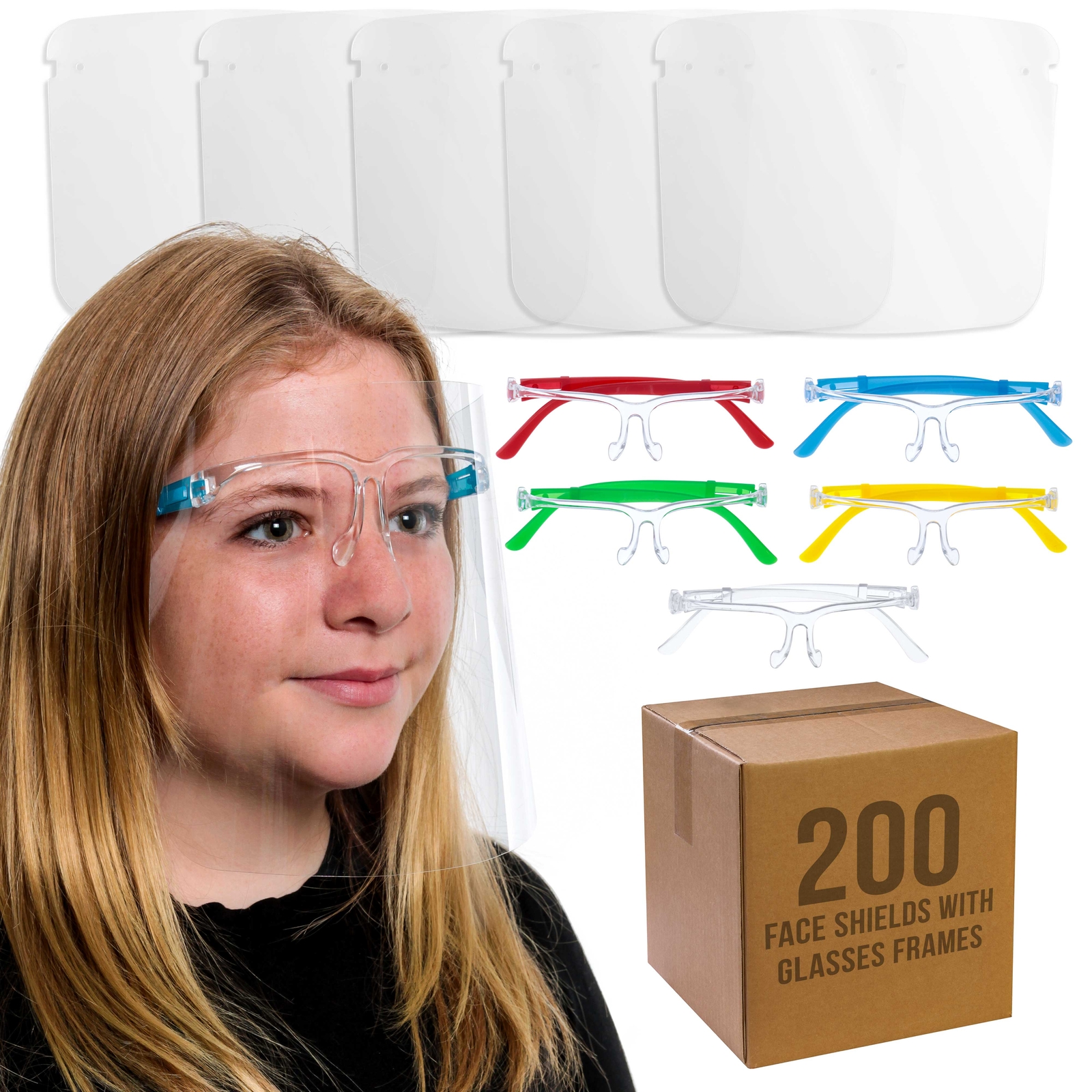 200 Kids Protective Face Shields with Glasses Frames - 5 Colors - Anti-Fog