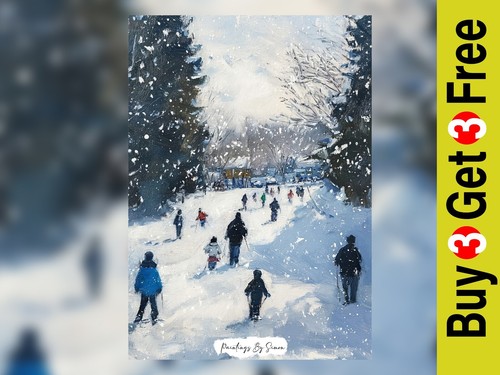 Charming Winter Ski Scene 5"x7" Print on Matte Paper | Snowy Mountain Painting