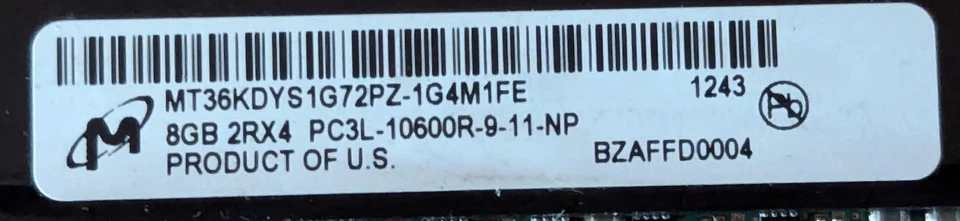 MICRON 8GB MT36KDYS1G72PZ-1G4M1FE 2RX4 PC3L-10600R-9-11-NP ECC REG RAM A4-7(8) - Image 3 of 4