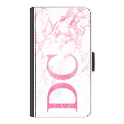 Personalised Initial Phone Case;Side Monogram Pink Marble PU Leather Flip Cover