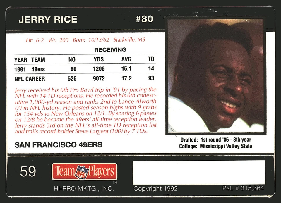 1992 Action Packed Rookie/Update #59 Jerry Rice - Image 2 of 2