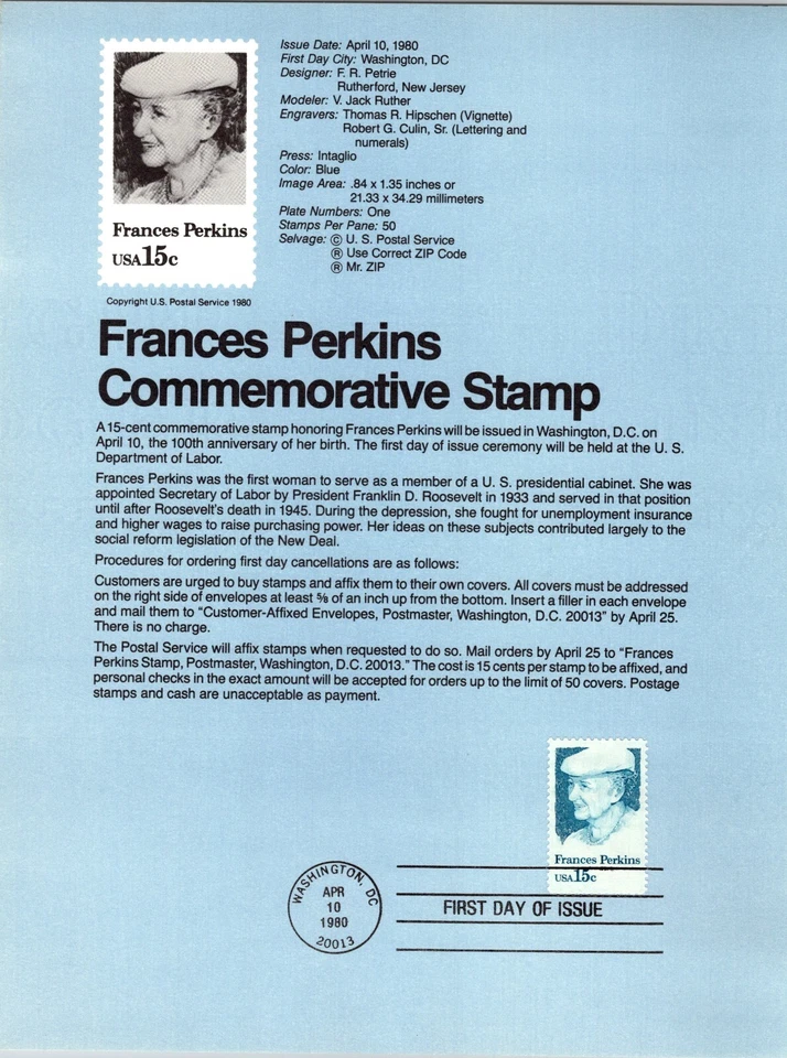 USPS FDC First Day Cover Souvenir Sheet Francis Perkins Scott #1821 - Image 2 of 2