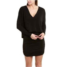 BCBGMaxAzria Mini Dress Woman XS Black V-Neck Ruched Long Sleeves
