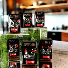Black Cat Spice Jars 1950s MCM Goth Kitchen Shafford Set of 6