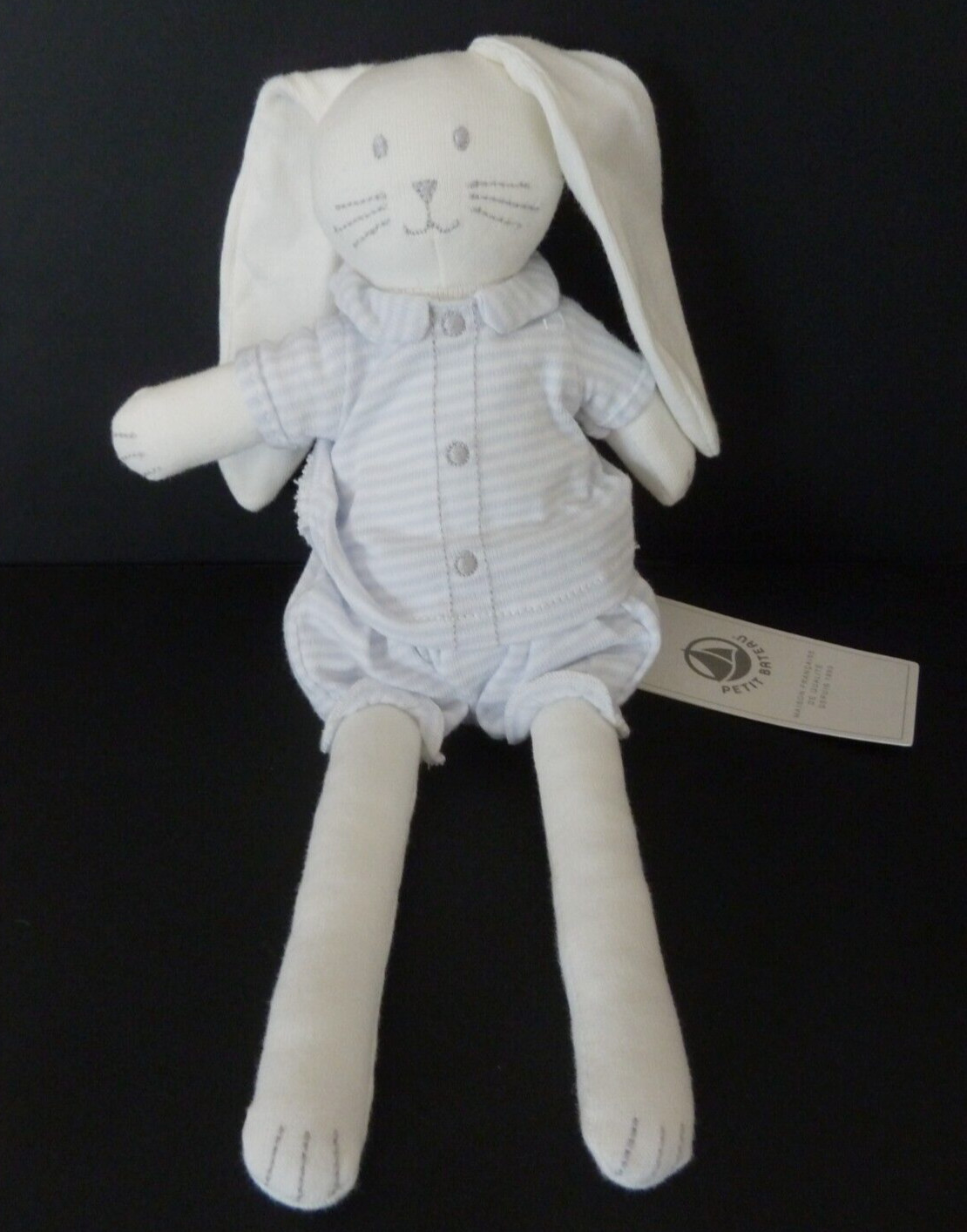SA*. DOUDOU PELUCHE PETIT BATEAU LAPIN blanc bleu rayé short 25cm - 100% NEUF