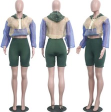 colorblock sheer jacket long sleeve hooded crop top/ biker shorts 2 Piece Set