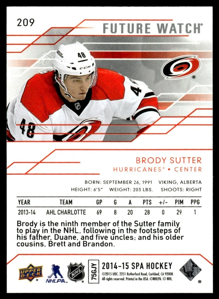 2014-15 SP Authentic FUTURE WATCH Brody Sutter 344/999 Carolina Hurricanes #209 - Image 2 of 2
