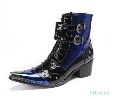 Men's Metal Pointed Toe Mid Heel Ankle Boots Studded Dress Shoes Two Tone Stage