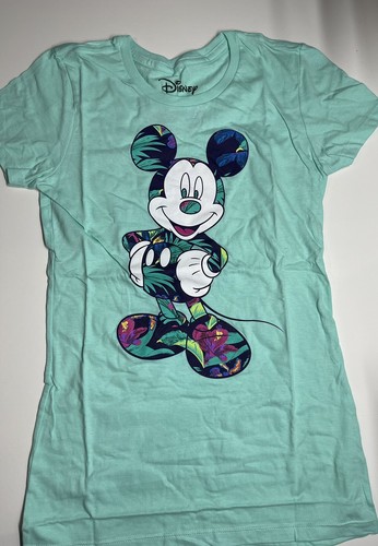Disney Mickey Mouse Tropical Mint Green Tee Girls Junior Slim Fit-Sz S - Picture 2 of 5