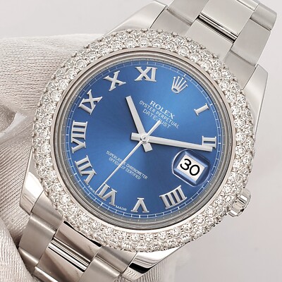 Rolex Datejust II 41mm 6.25ct Diamond Bezel/Blue Roman Watch 116300 Box Papers