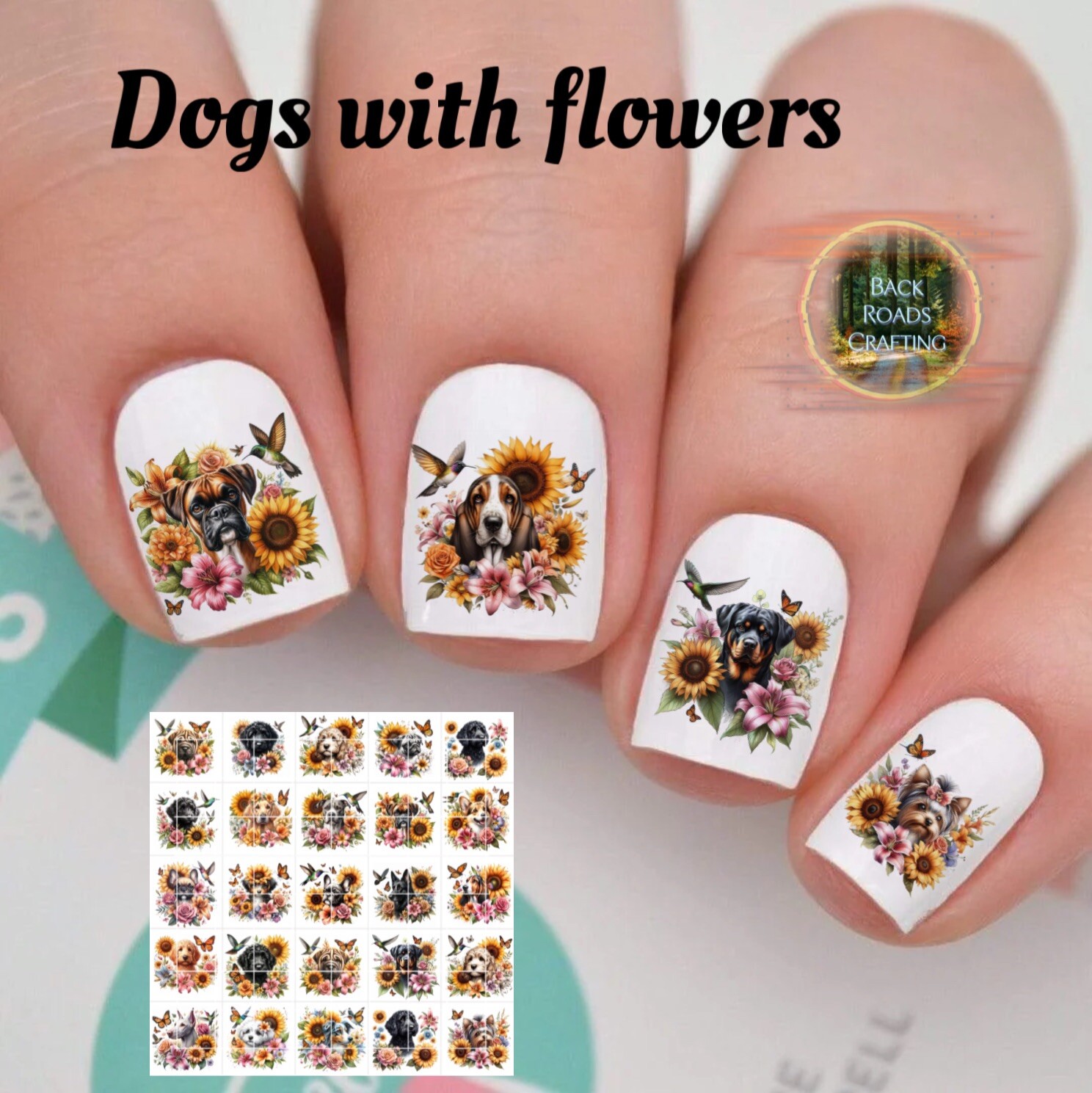 Dogs With Flowers Waterslide Nail Decals Set Of 50  Instructions & Bonus