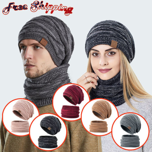 Women Men Winter Beanie Hat + Pom Pom Scarf Set Knit Thermal Warm Snow Ski Cap - Picture 1 of 11