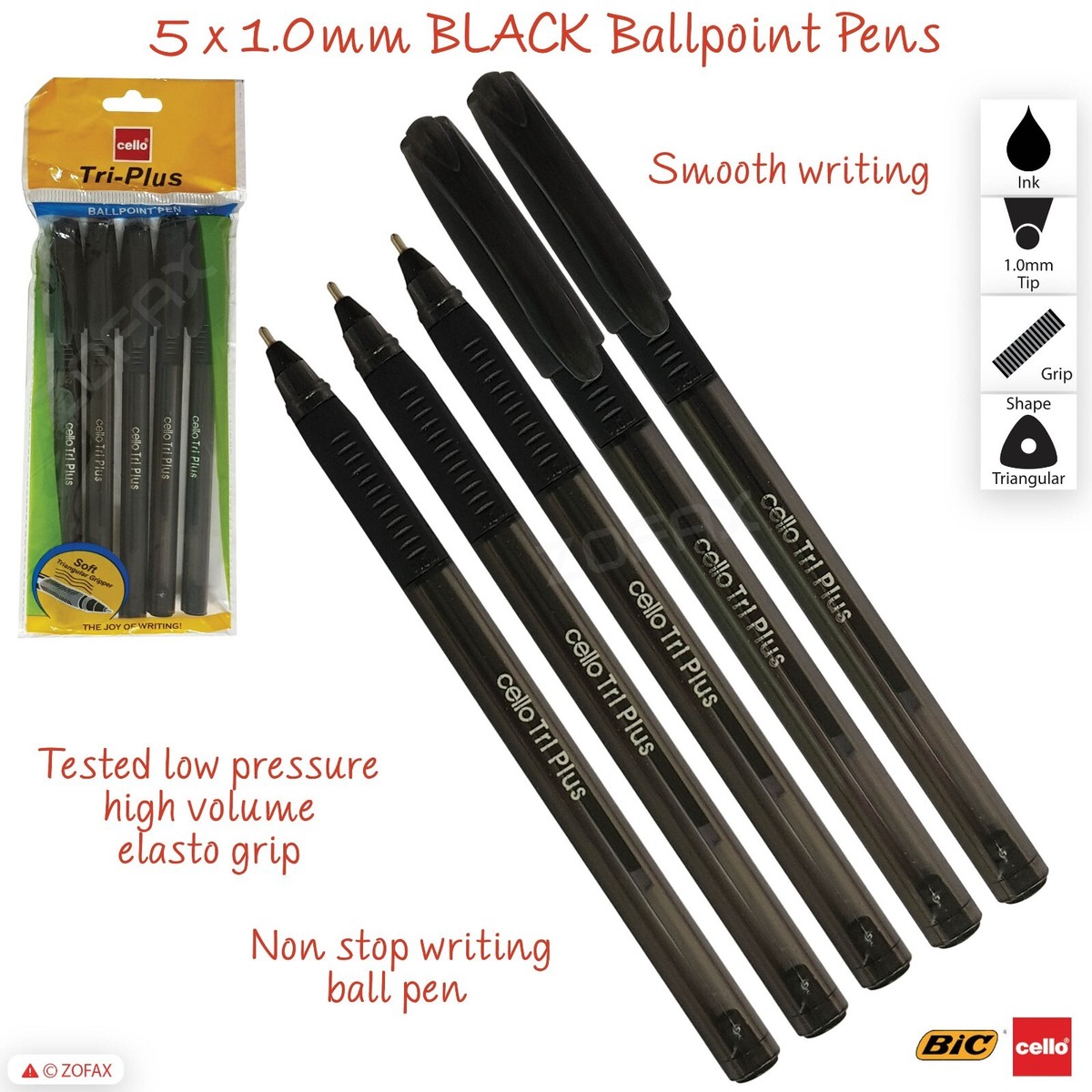 x Triangular BIC CELLO Tri-Plus BLACK Ballpoint Smooth Pen Elasto  Grip
