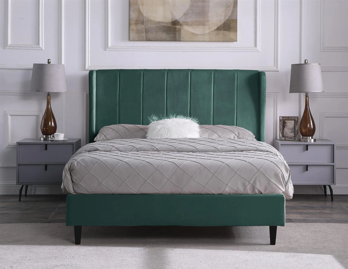 4FT6 DOUBLE 5FT KING BED FRAME AMELIA GREEN VELVET HIGH HEADBOARD