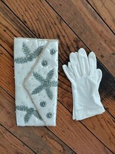 White Satin Beaded Evening Bag Clutch  Gloves S Vintage Japan Purse Retro Read